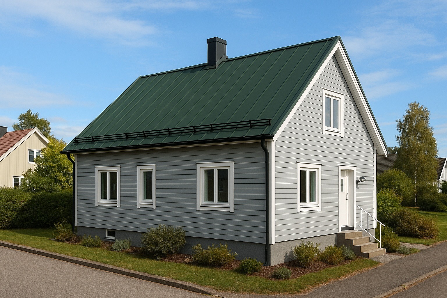 Tak med svart taksäkerhet grönt plåttak Tak med svart snörasskydd grönt plåttak