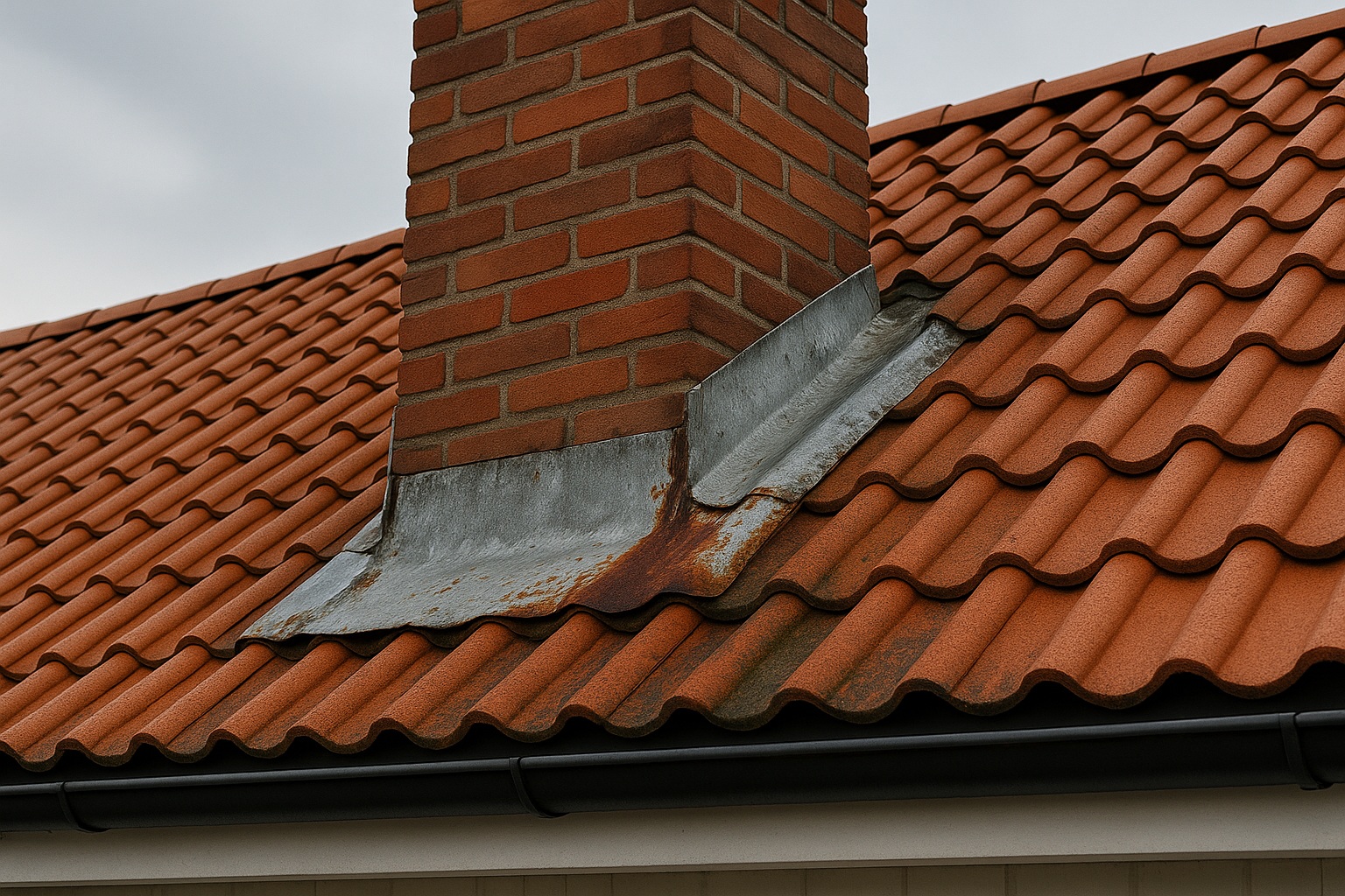 Trasigt skorstensbeslag tegeltak Trasigt skorstensbeslag tegeltak